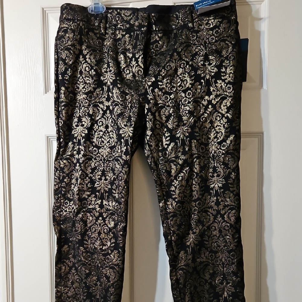 Worthington Black and Gold Patterned Womens Dress Slightly Cropped Pants